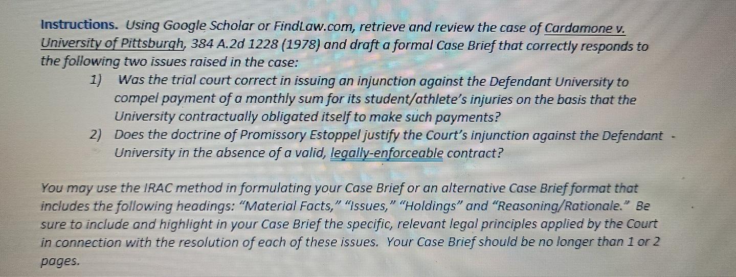 Instructions. Using Google Scholar or FindLaw.com, retrieve and review the case