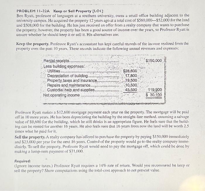 please help, thank you! PROBLEM II-22A Keep or Sell Property [LOI] Ben