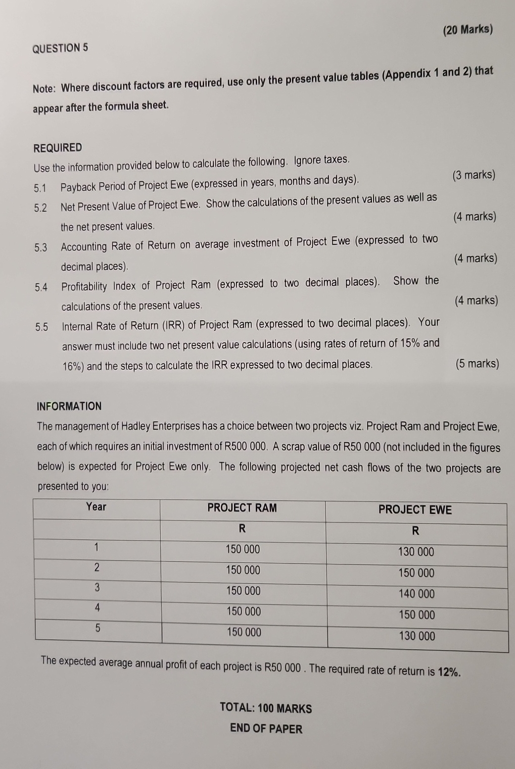  QUESTION 5 (20 Marks) Note: Where discount factors are required, use