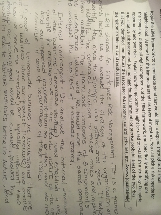  Apply the ERM framework to a lemonade stand that would like