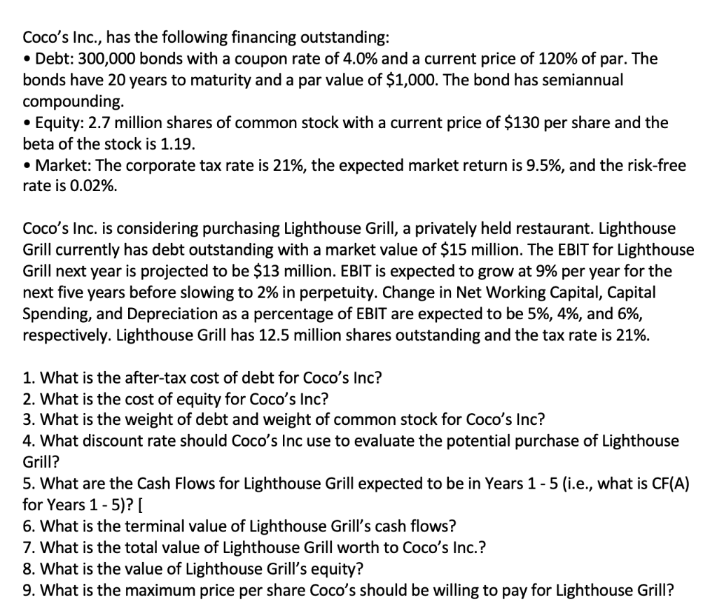 PLEASE ANSWER 5-9 and show all work. Coco's Inc., has the following