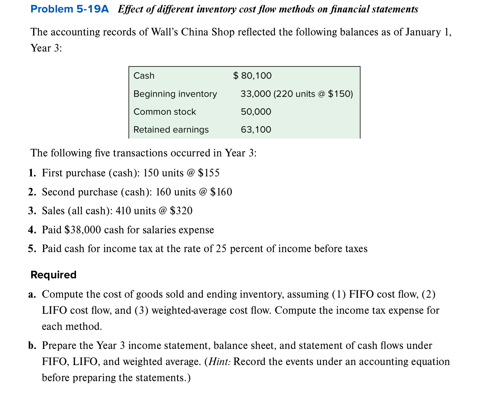  Problem 5-19A Effect of different inventory cost flow methods on financial