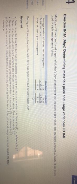  Chech 4 Exercise 8-11A (Algo) Determining materials price and usage variances