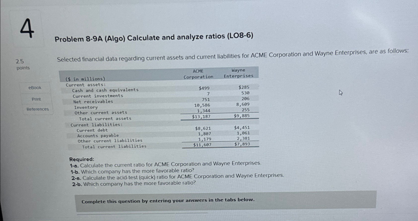  4 Problem 8-9A (Algo) Calculate and analyze ratios (LO8-6) 25 points