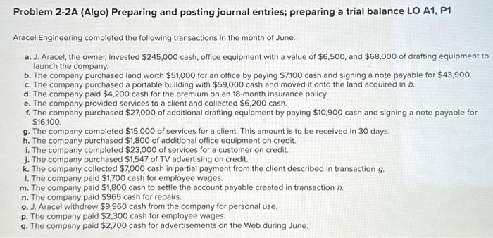  Problem 2-2A (Algo) Preparing and posting journal entries; preparing a trial