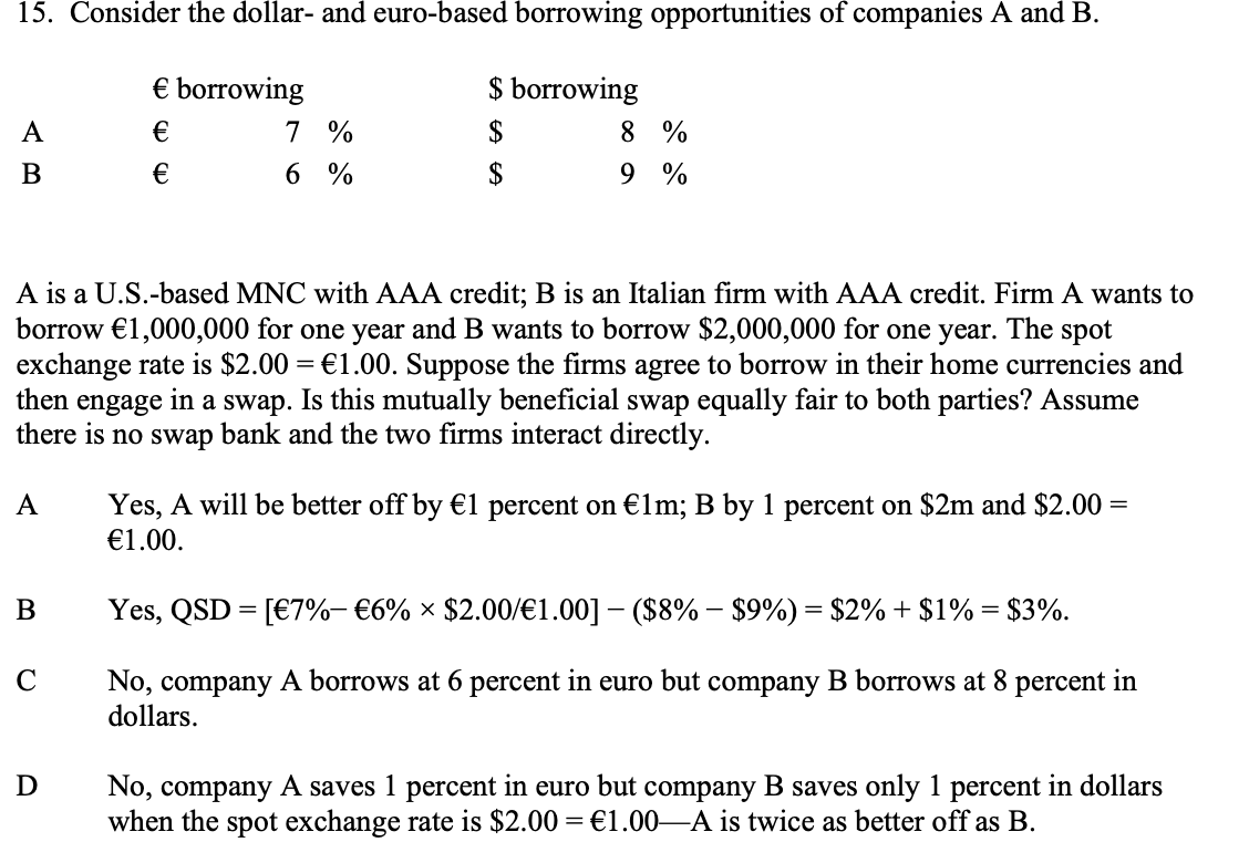  Consider the dollar- and euro-based borrowing opportunities of companies A and