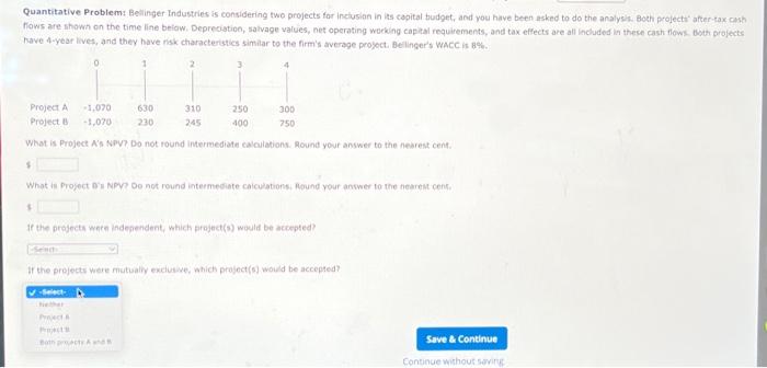 Both projects affer tax cash flows are shown on the time line