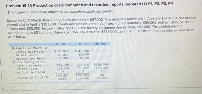  Problem 19-1A Production costs computed and recorded; reports prepared LO P1,