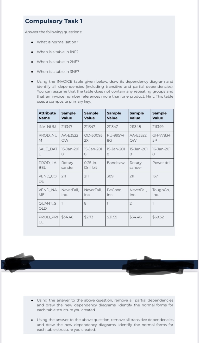  Compulsory Task 1 Answer the following questions: What is normalisation? When