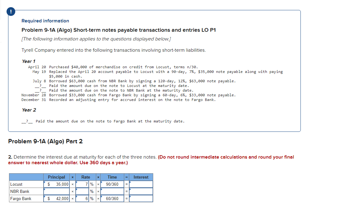  Problem 9-1A (Algo) Short-term notes payable transactions and entries LO P1