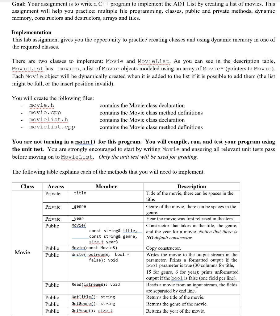 C++ programming assignment using classes etc. Goal: Your assignment is to write