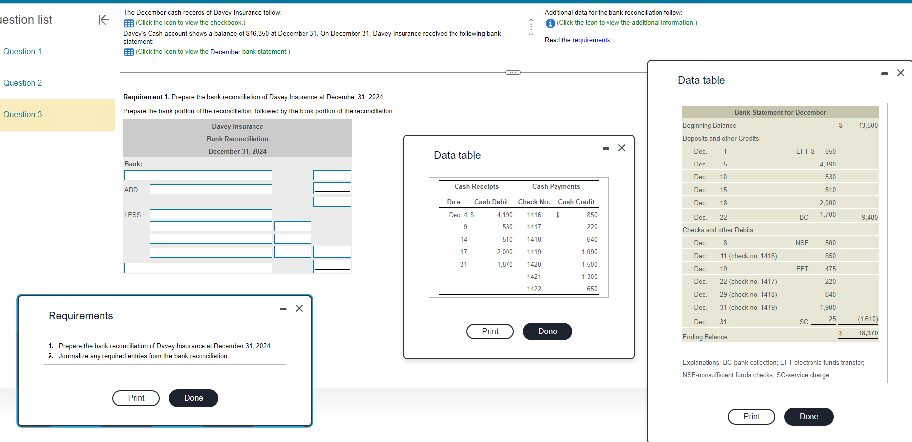 Jestion list Question 1 Question 2 Question 3 Requirements The December cash
