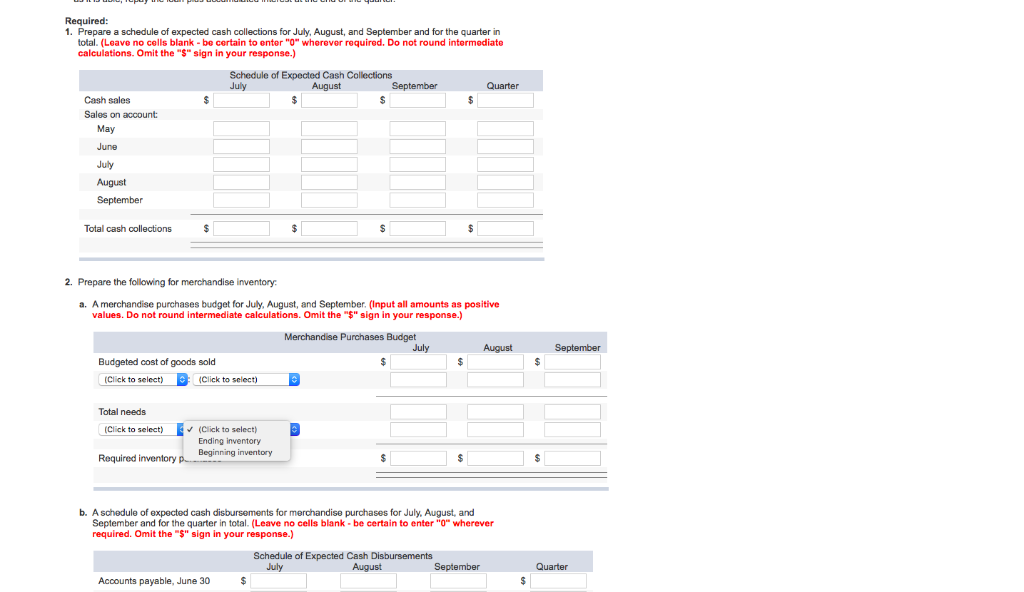 of expected cash collections for July, August, and September and for the