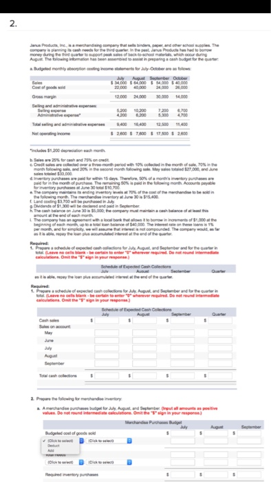 June July August Total cash collections 2. Prepare the following for merchandise