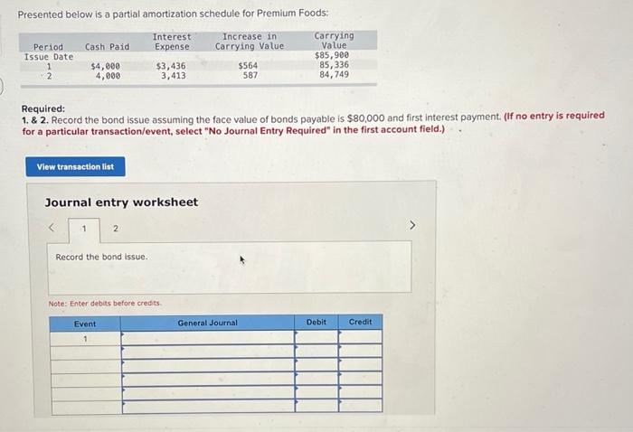  Presented below is a partial amortization schedule for Premium Foods: Required: