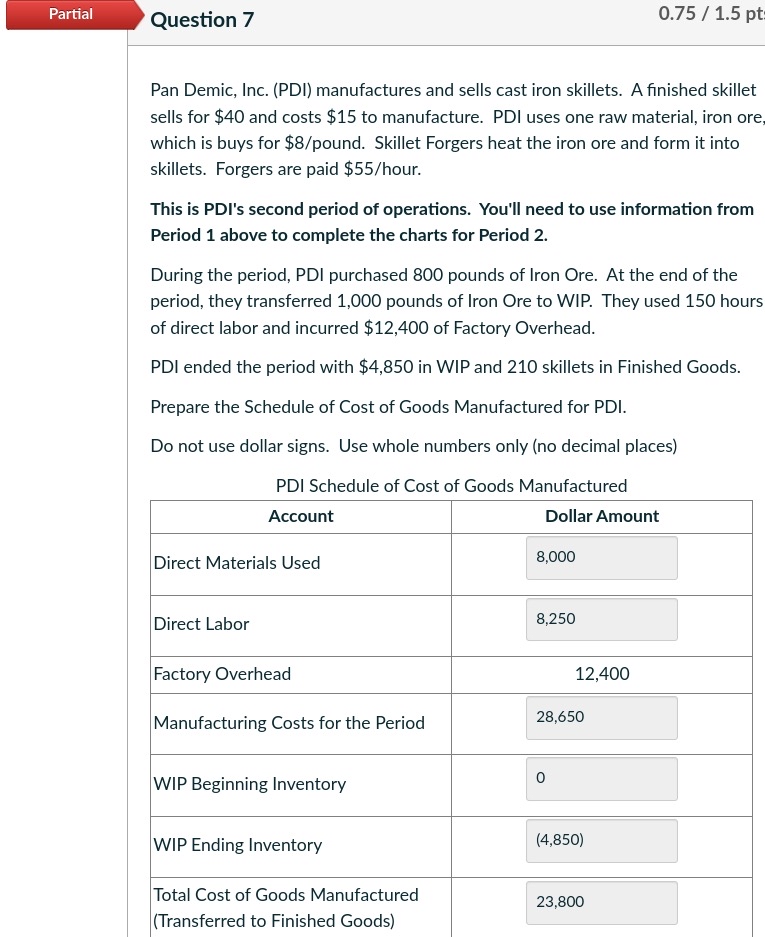  Partial Question 7 0.75/1.5 pt Pan Demic, Inc. (PDI) manufactures and