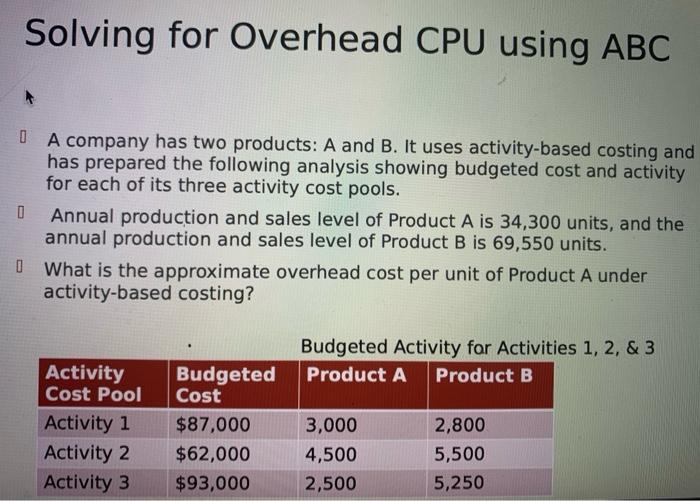  Solving for Overhead CPU using ABC 0 A company has two
