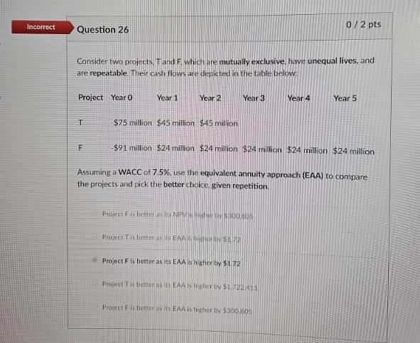  lncorrect Question 26 02 pts Consider two projects, Tand F, which