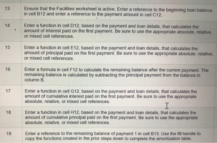  Ensure that the Facilities worksheet is active. Enter a reference to
