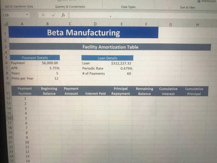 the beginning loan balance in cell B12 and enter a reference to