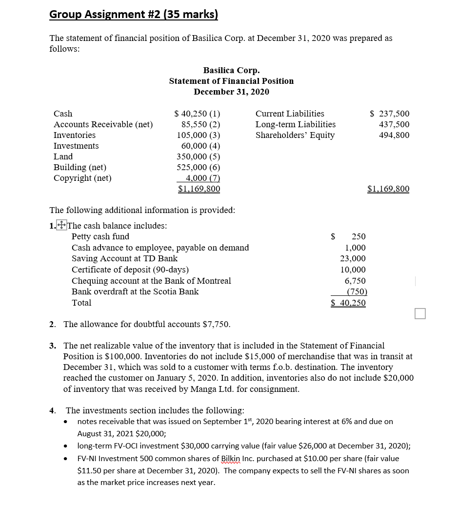  Group Assignment #2 (35 marks) The statement of financial position of