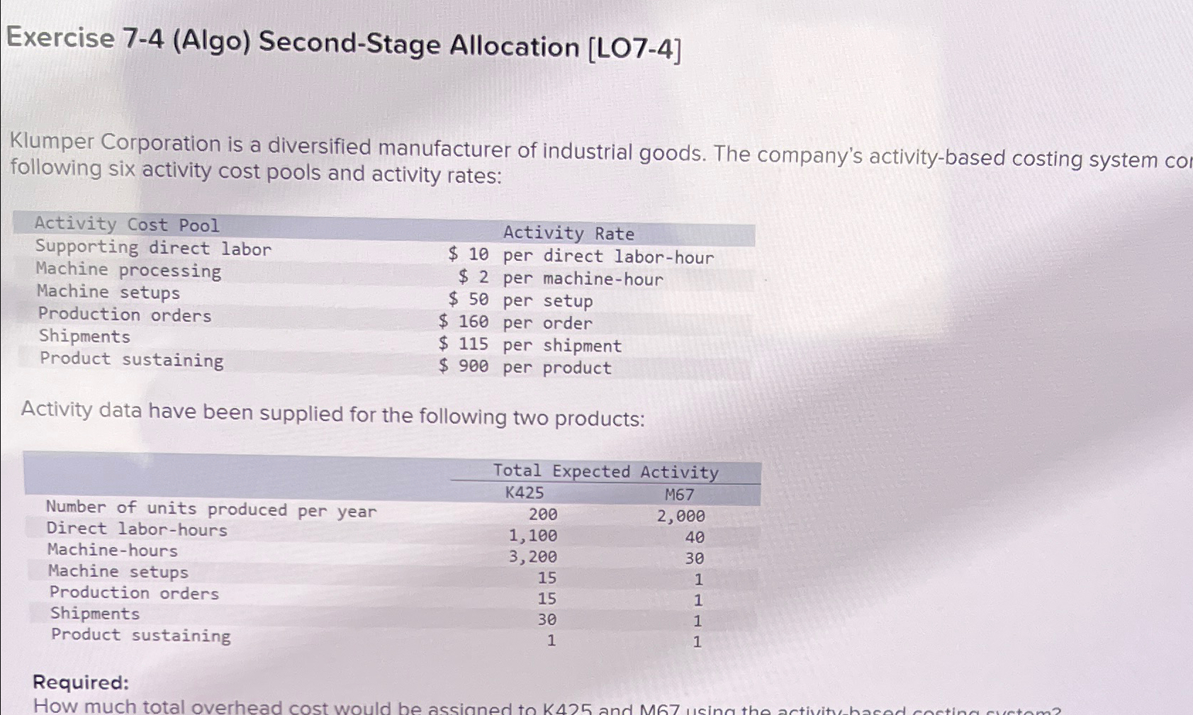  Exercise 7-4(Algo) Second-Stage Allocation [LO7-4] Klumper Corporation is a diversified manufacturer