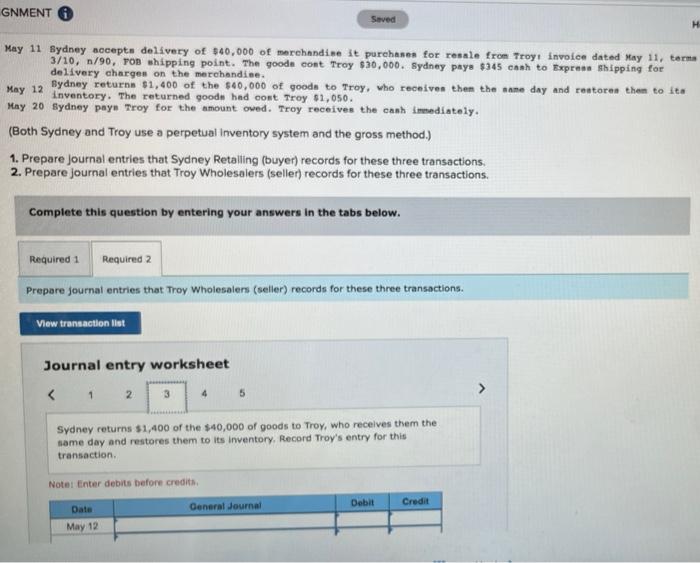 The returned goods had cont Troy $1,050. May 20 Sydney pays Troy