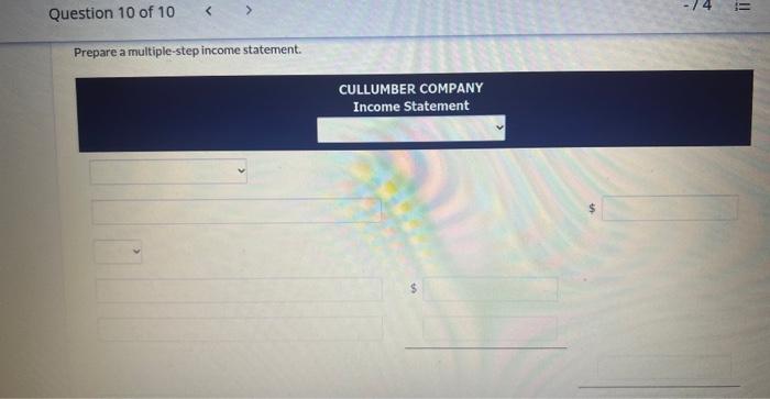 for Cullumber Company for the month of March 2024. Prepare a multiple-step