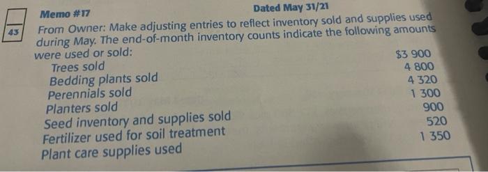  43 Memo #17 Dated May 31/21 From Owner: Make adjusting entries