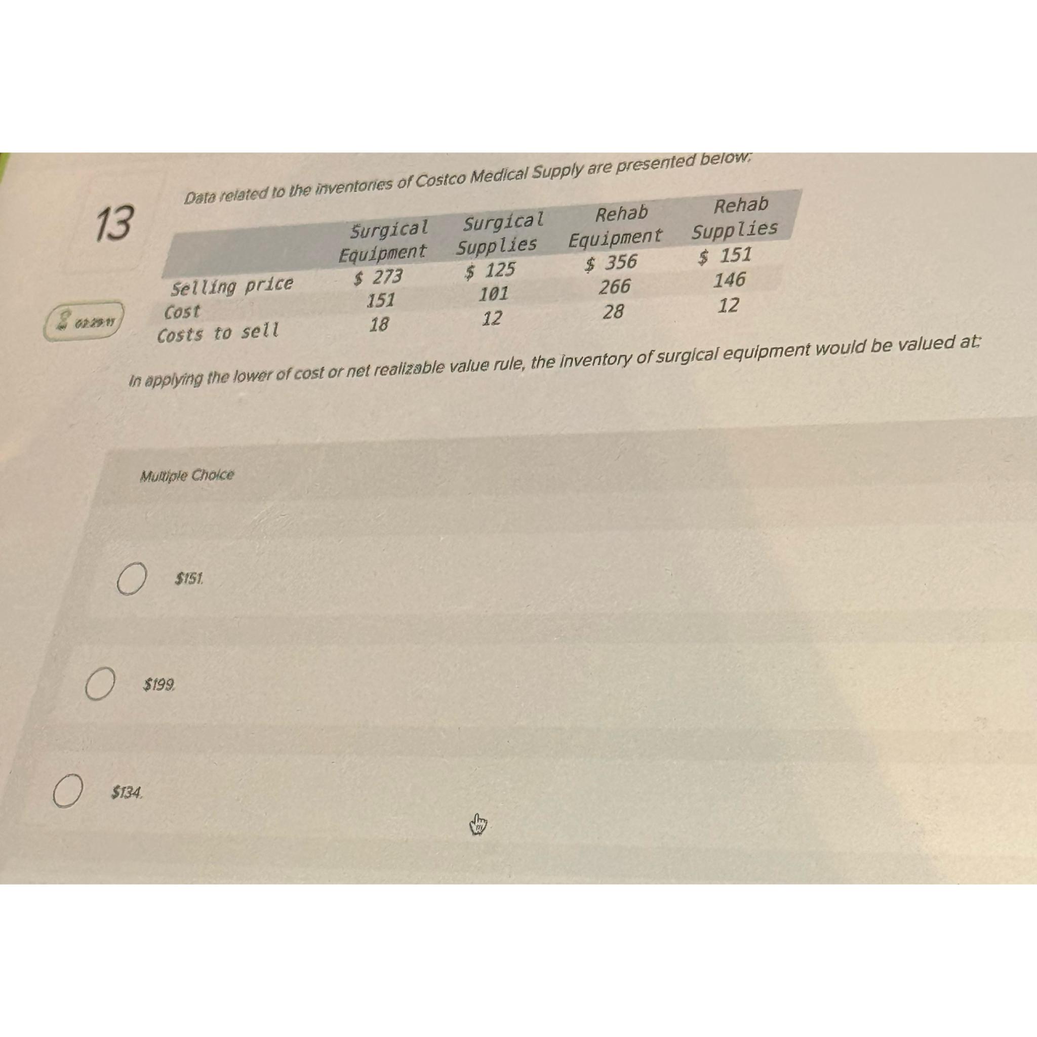 13 Data related to the mventoncs ofCostco Med/ca/ Supply are presentedb/ow; Rehab