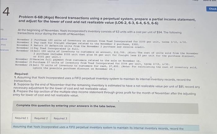  Problem 6-6B (Algo) Record transactions using a perpetual system, prepare a