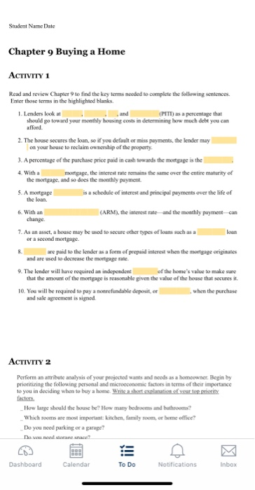  Student Name Date Chapter 9 Buying a Home ACTIVITY 1 Read