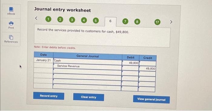 January 15 Pay cash on accounts payable, $17,200. January 21 Provide services