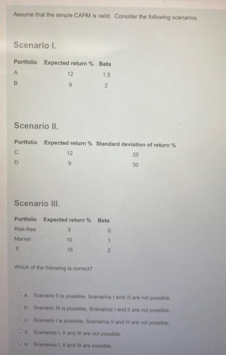  Assume that the simple CAPM is valid. Consider the following scenarios.