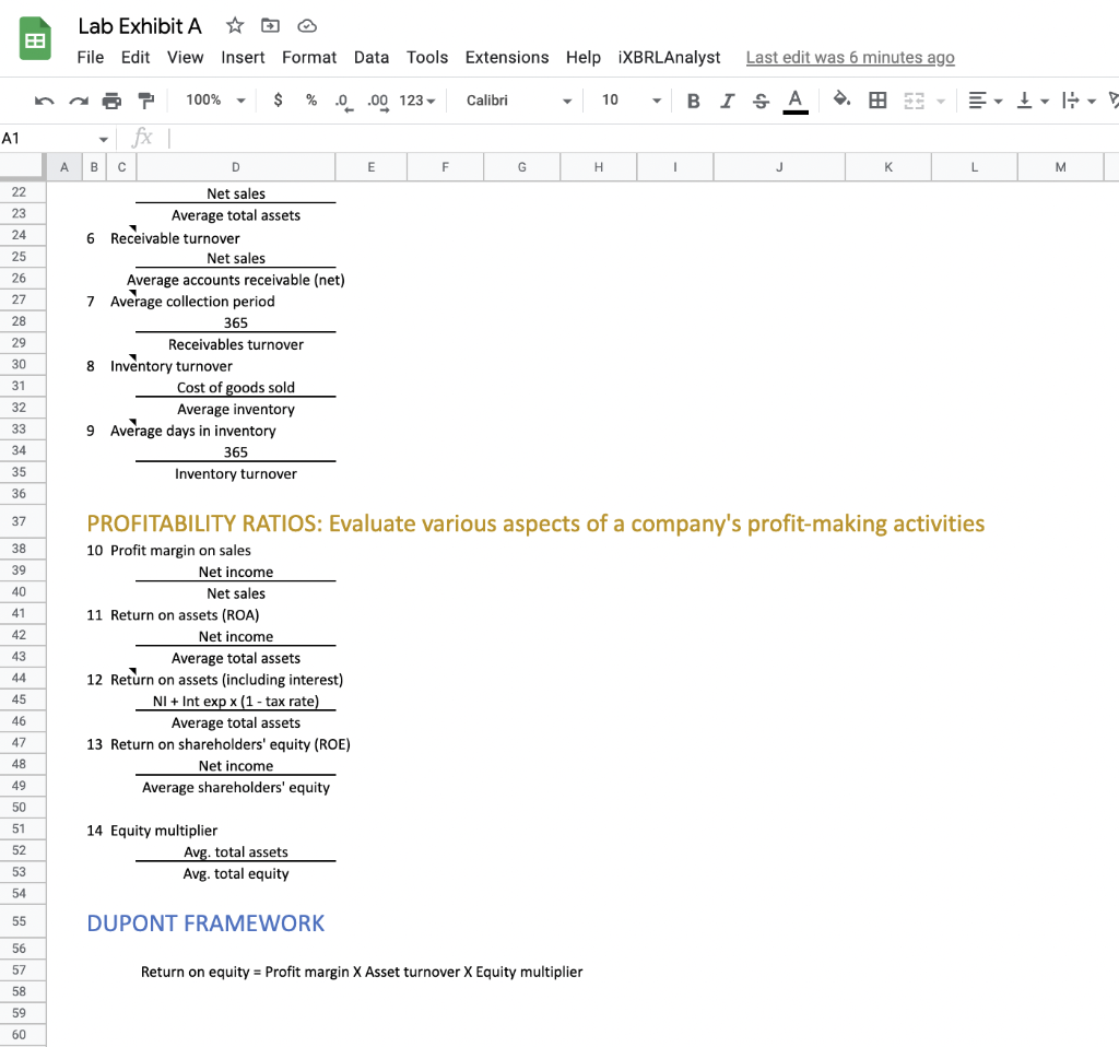 from Profitability sheet and DuPont sheet to appropriate places in your report.
