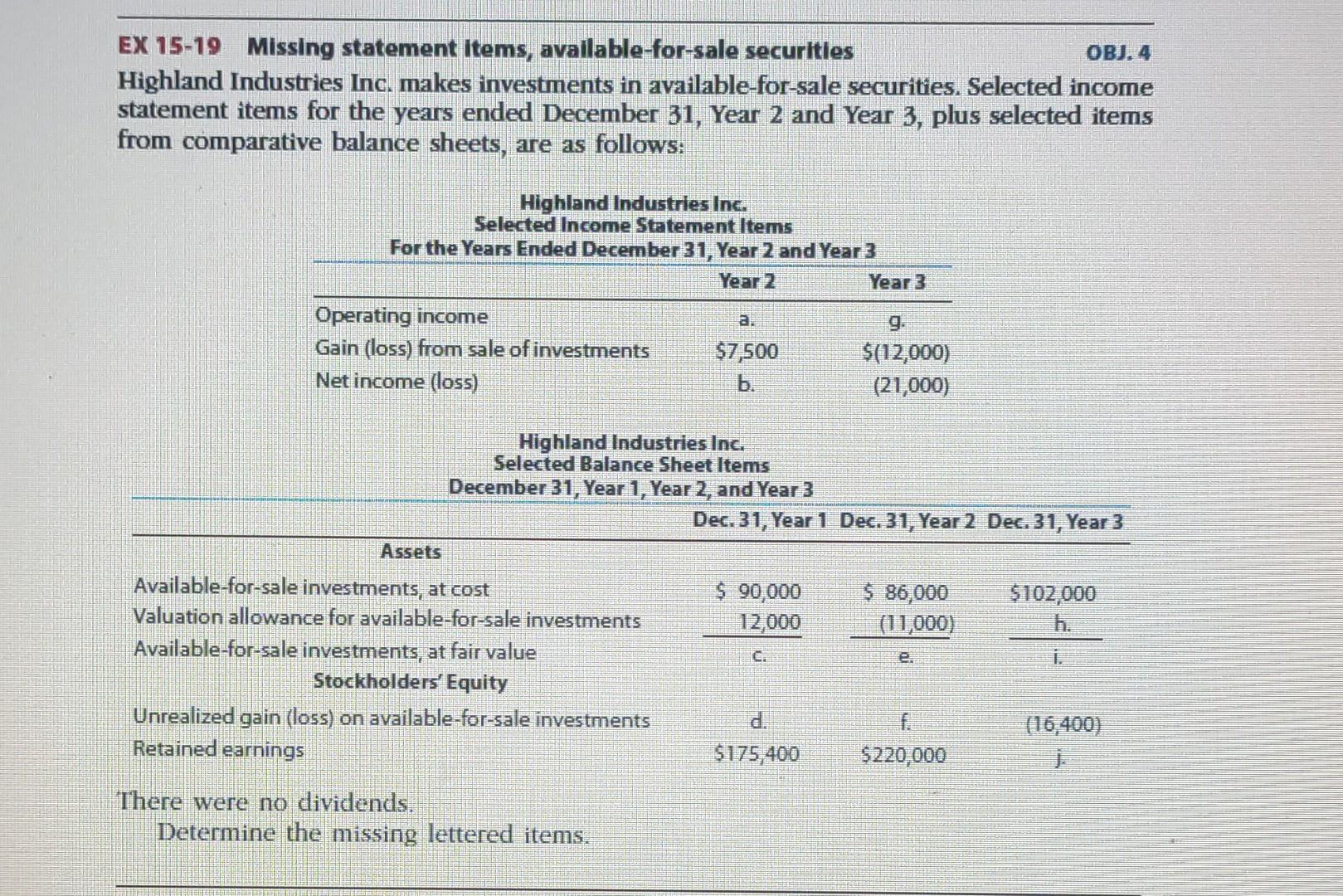  (Excel) EX 15-19 Missing statement items, available-for-sale securities OBJ, 4 Highland