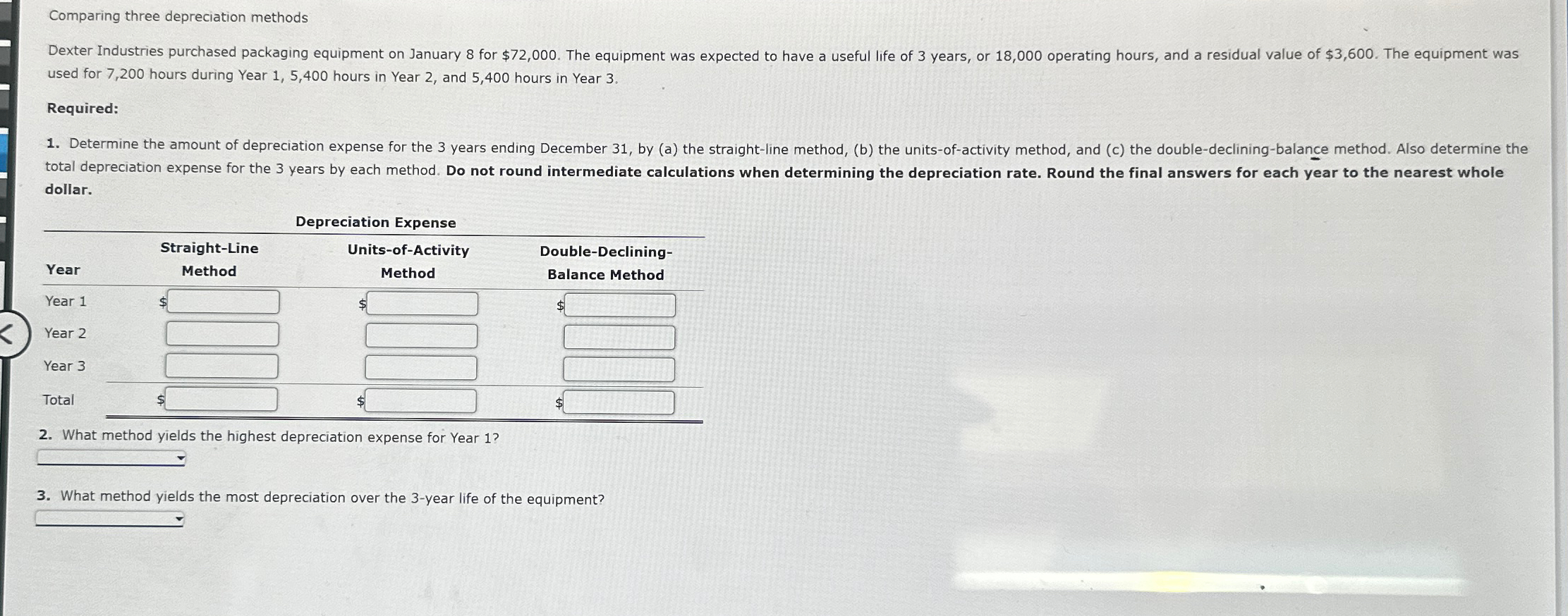  Comparing three depreciation methods used for 7,200 hours during Year 1,5,400