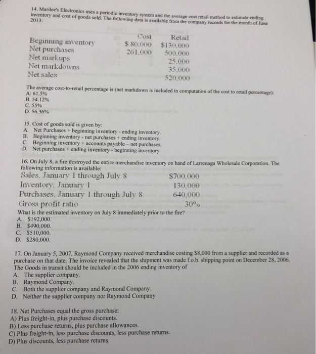  14. Marilee's Electronics uses a periodic inventory system and the average