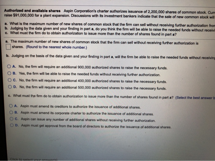 please look at every question before answering Authorized and available shares Aspin