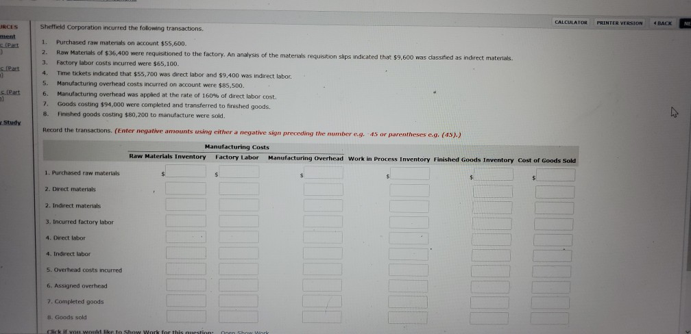  CALCULATOR PRINTER VERSION 4 BACK JRCES ment (Part indirect materials (Part