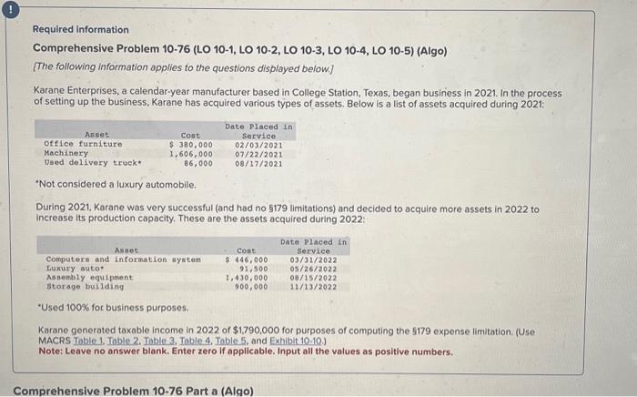  Required information Comprehensive Problem 10-76 (LO 10-1, LO 10-2, LO 10-3,