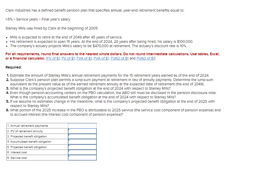  Clark Industrles has a defined benefit pension plan that specifies annual,