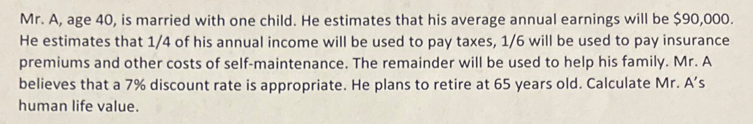  Mr. A, age 40, is married with one child. He estimates