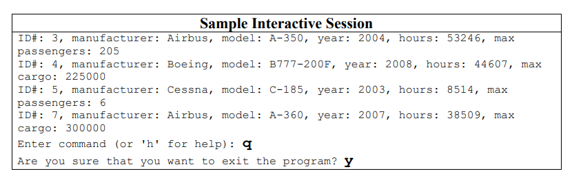 section of Moodle.) 3. The program must implement the following interactive commands: