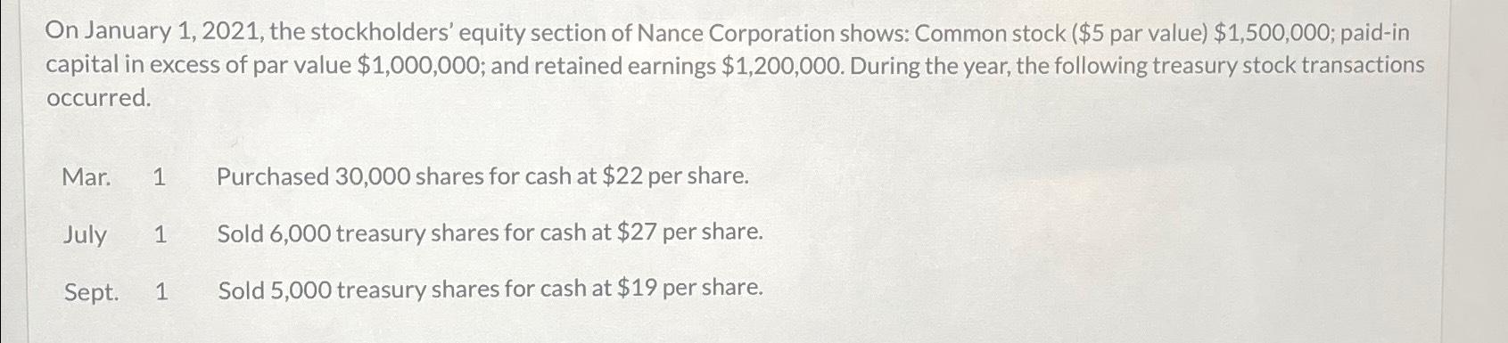  On January 1,2021, the stockholders' equity section of Nance Corporation shows: