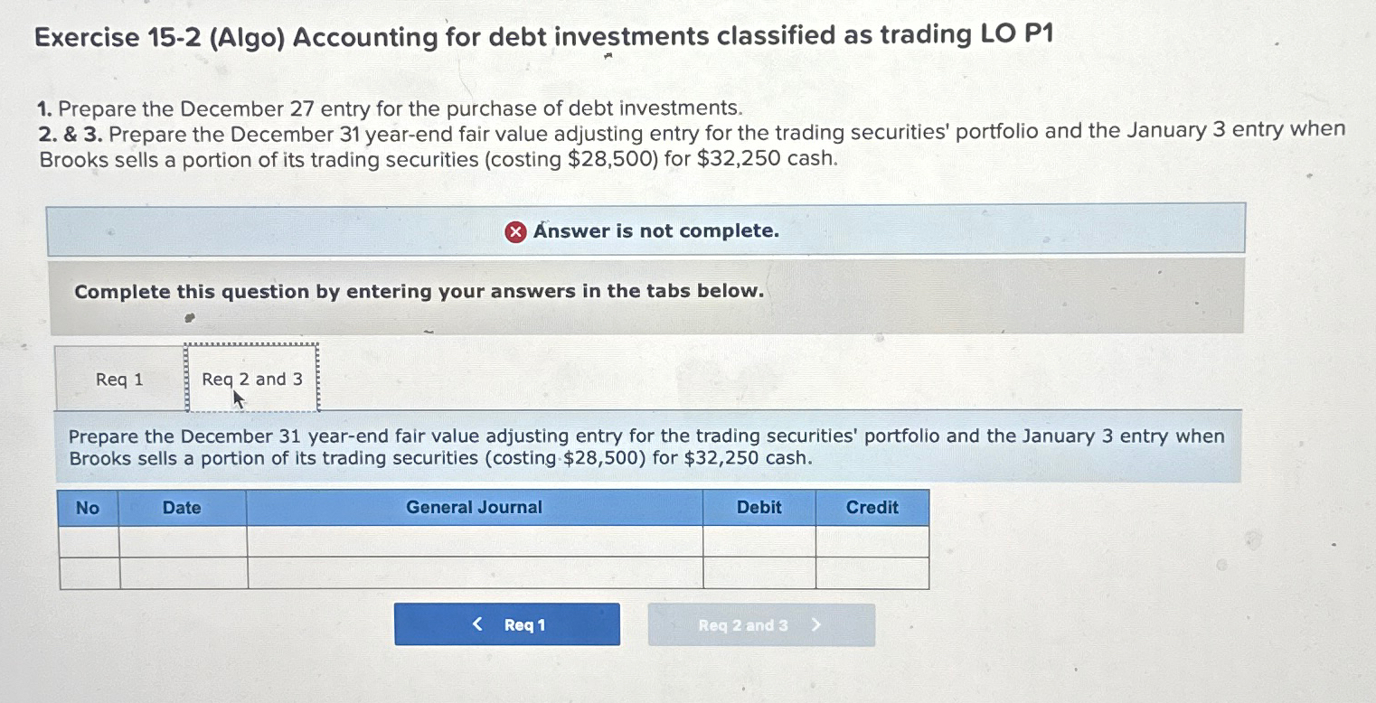  Exercise 15-2(Algo) Accounting for debt investments classified as trading LO P1