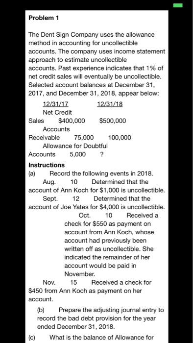  Problem 1 The Dent Sign Company uses the allowance method in