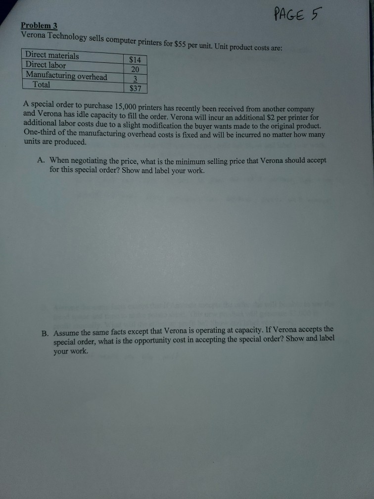 PAGE 5 Problem 3 Verona Technology sells computer printers for $55