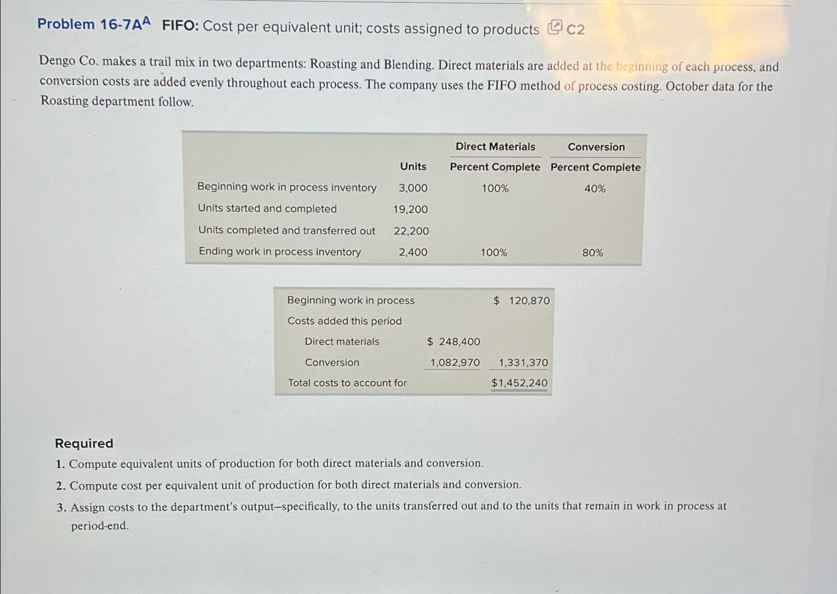  Problem 16-7A AIFO: Cost per equivalent unit; costs assigned to products