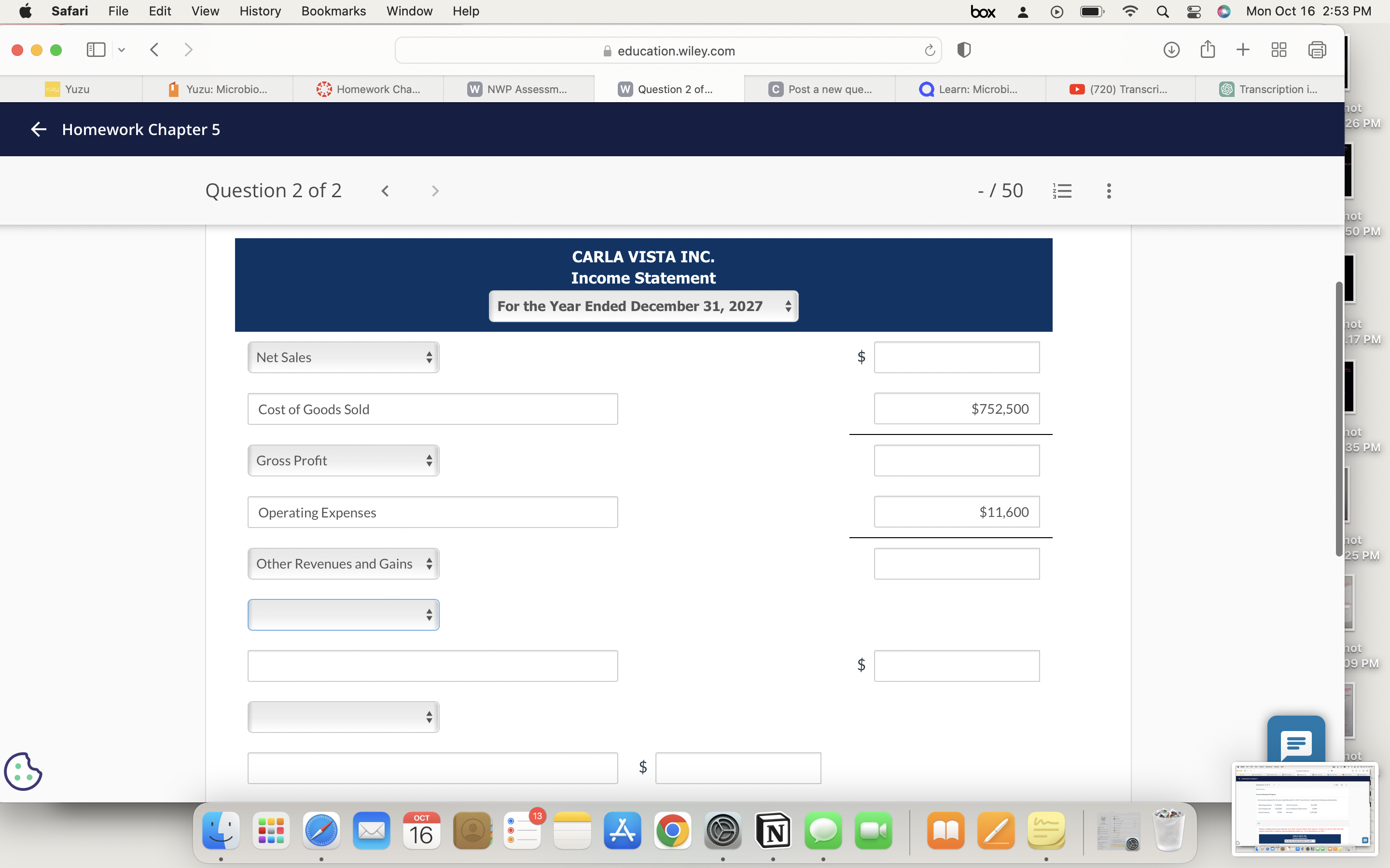 ended December 31, 2027, Carla Vista Inc. reported the following condensed data.